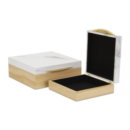 Set Of Two Natural And White Faux Marble And Wood Jewelry Box HomeRoots