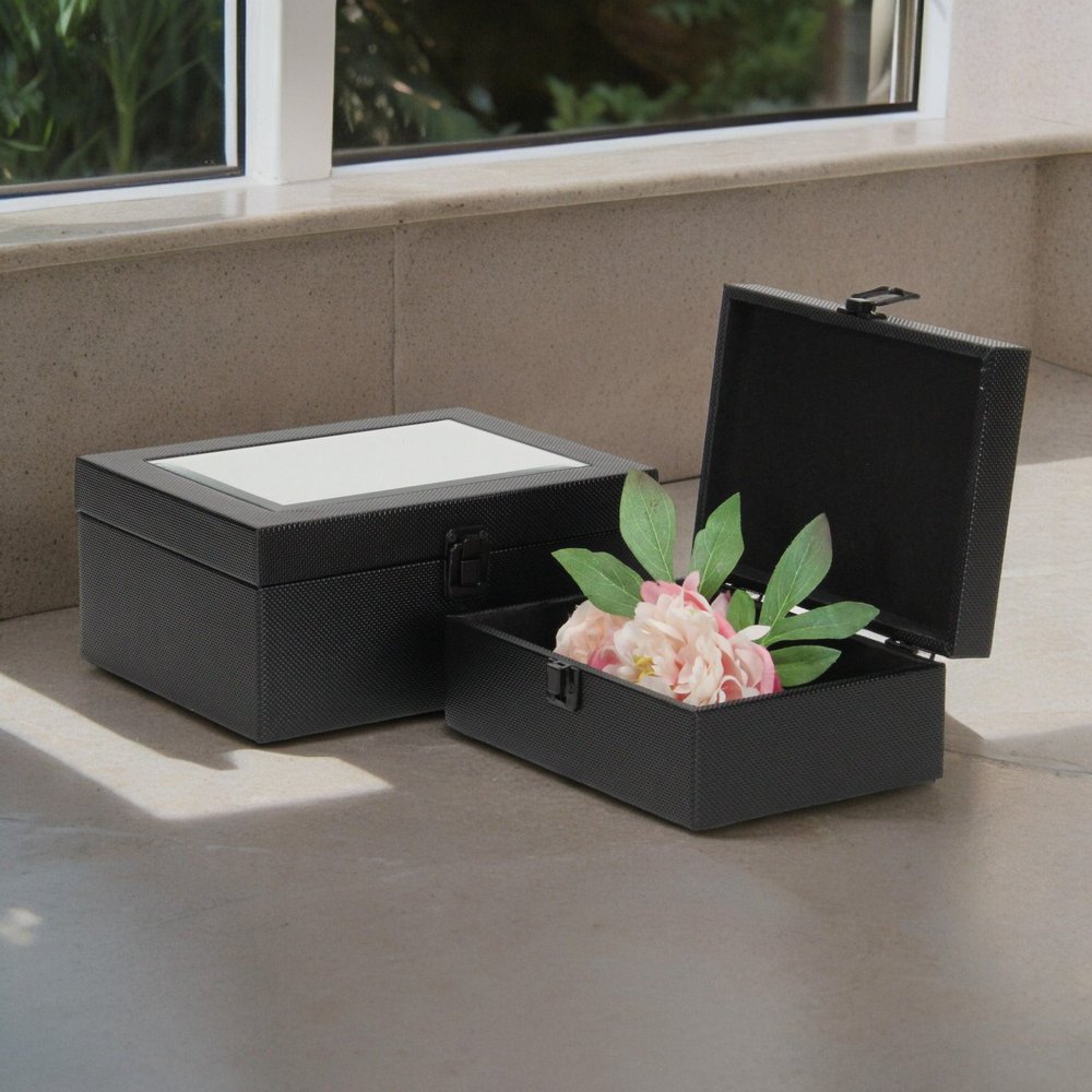 Set Of Two Black Faux Leather And Mirrored Glass Jewelry Boxes HomeRoots