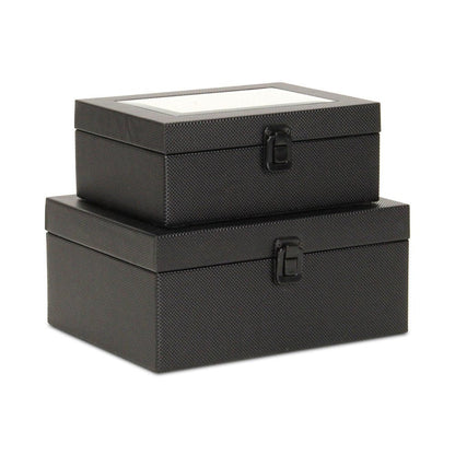 Set Of Two Black Faux Leather And Mirrored Glass Jewelry Boxes HomeRoots