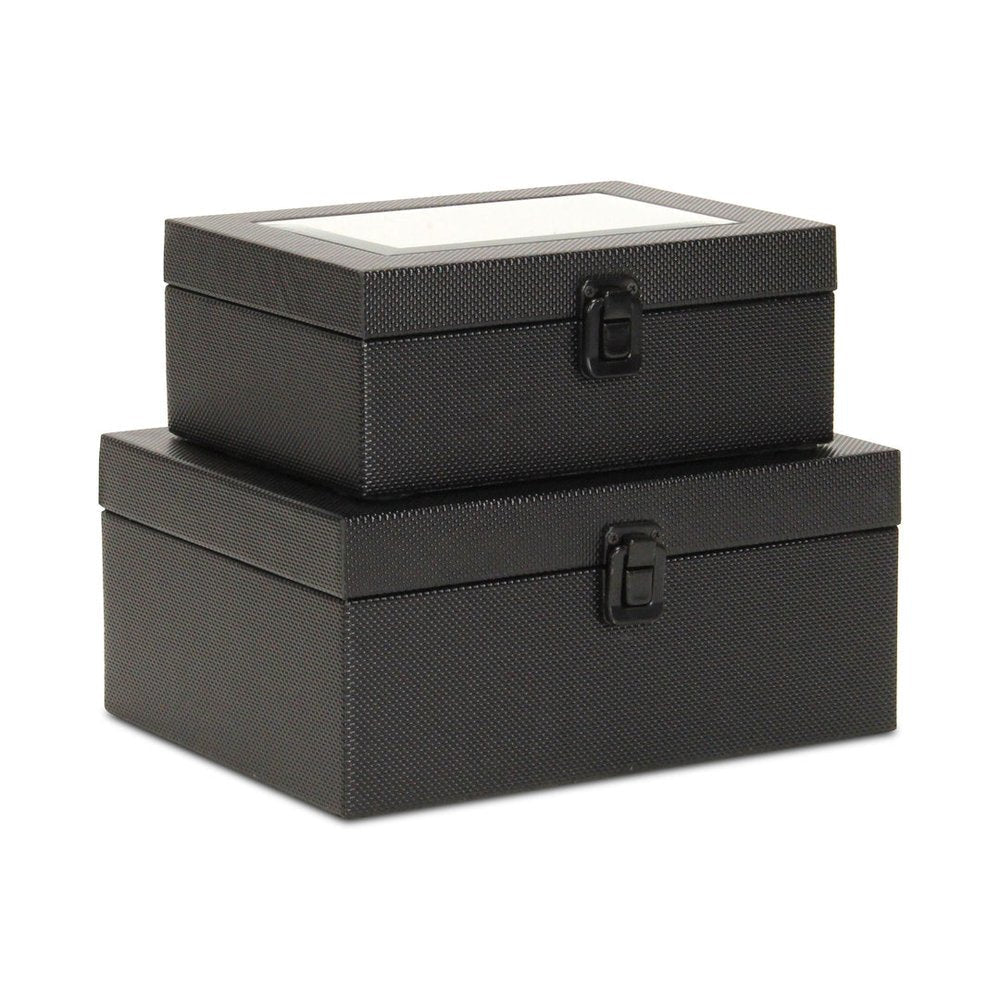 Set Of Two Black Faux Leather And Mirrored Glass Jewelry Boxes HomeRoots