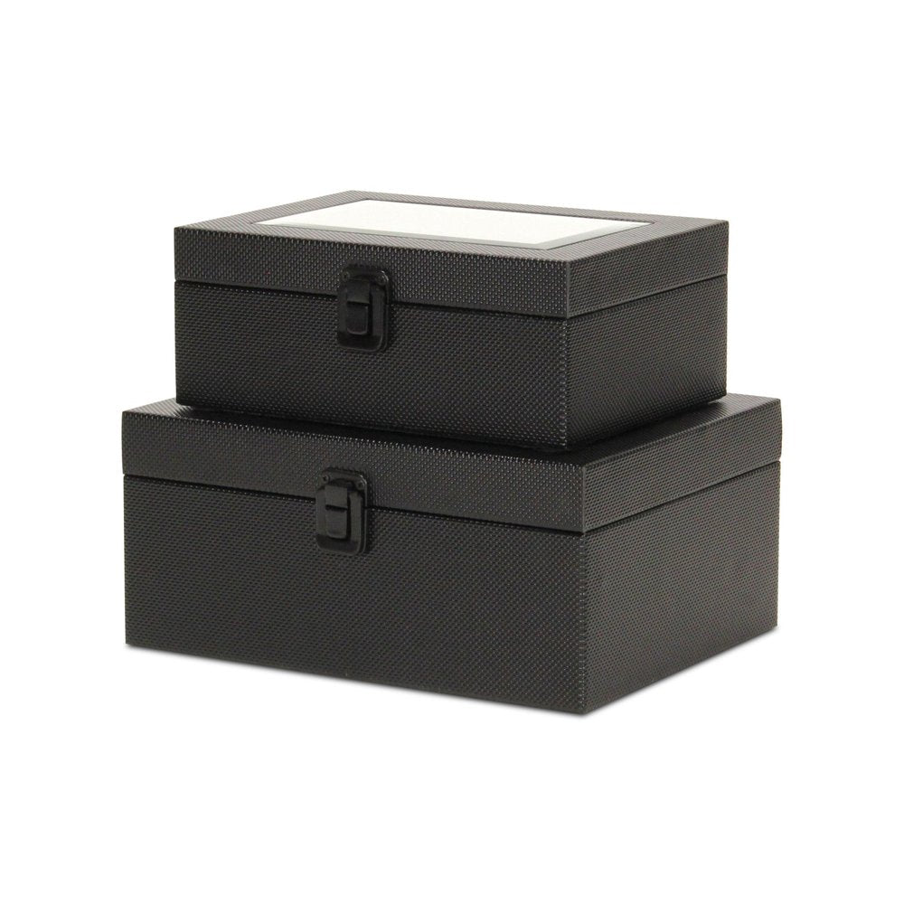 Set Of Two Black Faux Leather And Mirrored Glass Jewelry Boxes — view 4