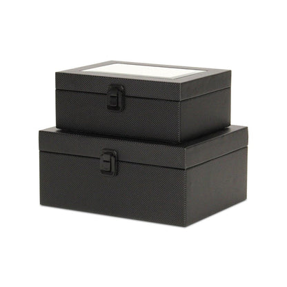 Set Of Two Black Faux Leather And Mirrored Glass Jewelry Boxes HomeRoots
