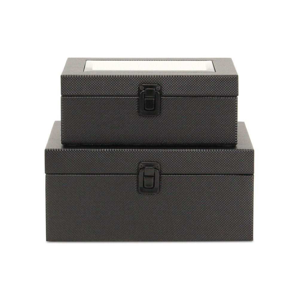 Set Of Two Black Faux Leather And Mirrored Glass Jewelry Boxes HomeRoots
