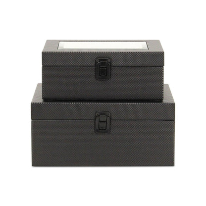 Set Of Two Black Faux Leather And Mirrored Glass Jewelry Boxes HomeRoots