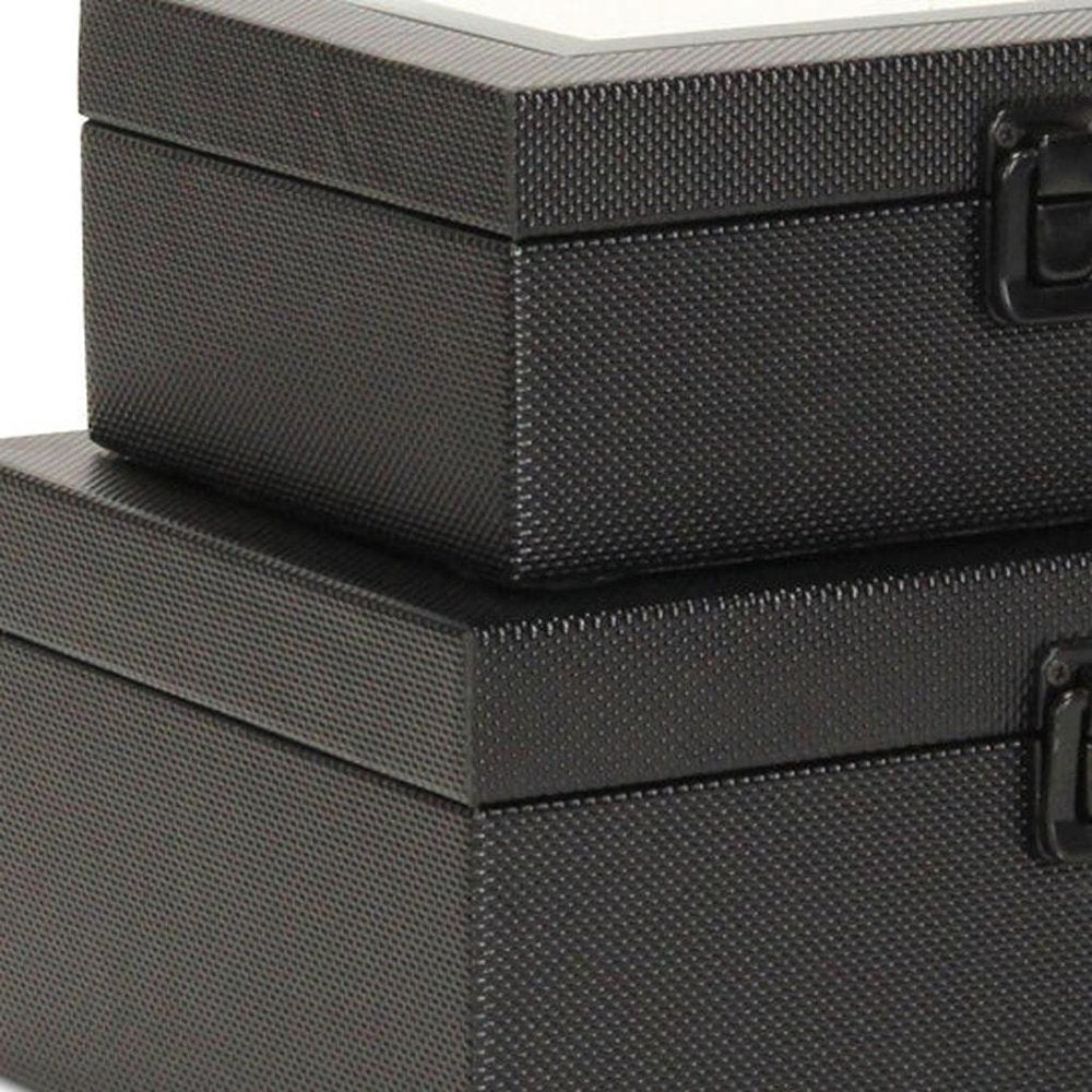 Set Of Two Black Faux Leather And Mirrored Glass Jewelry Boxes HomeRoots
