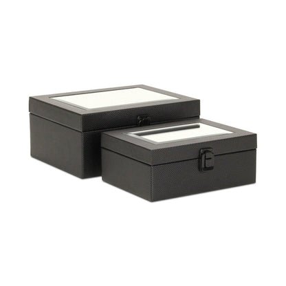 Set Of Two Black Faux Leather And Mirrored Glass Jewelry Boxes HomeRoots