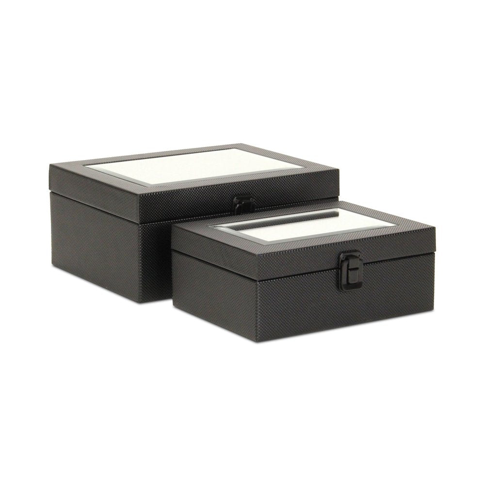 Set Of Two Black Faux Leather And Mirrored Glass Jewelry Boxes HomeRoots