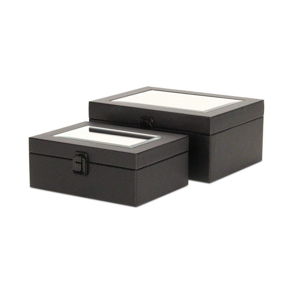 Set Of Two Black Faux Leather And Mirrored Glass Jewelry Boxes HomeRoots