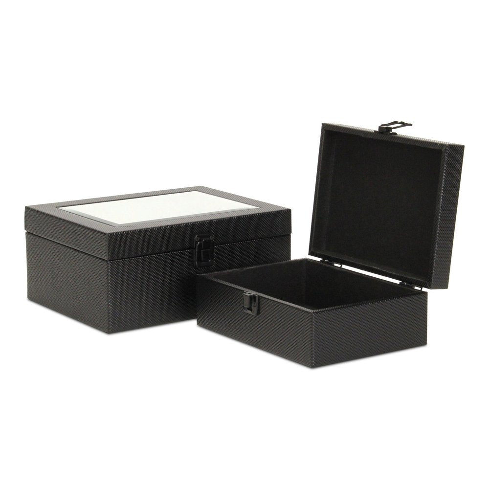 Set Of Two Black Faux Leather And Mirrored Glass Jewelry Boxes HomeRoots