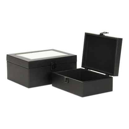 Set Of Two Black Faux Leather And Mirrored Glass Jewelry Boxes HomeRoots