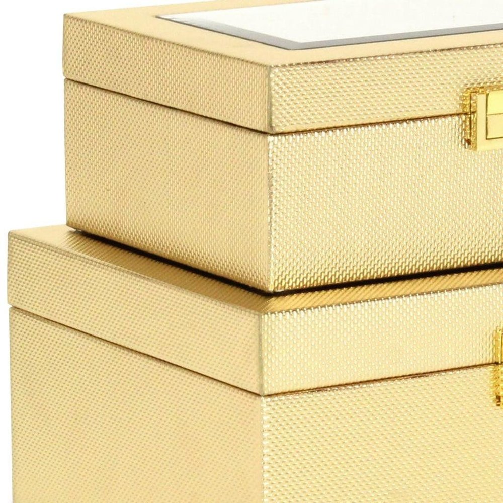 Set Of Two Gold Faux Leather And Mirrored Glass Jewelry Boxes HomeRoots
