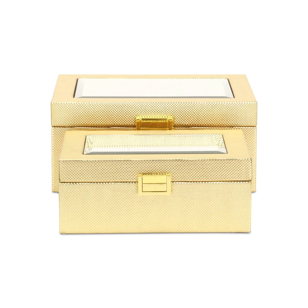 Set Of Two Gold Faux Leather And Mirrored Glass Jewelry Boxes HomeRoots