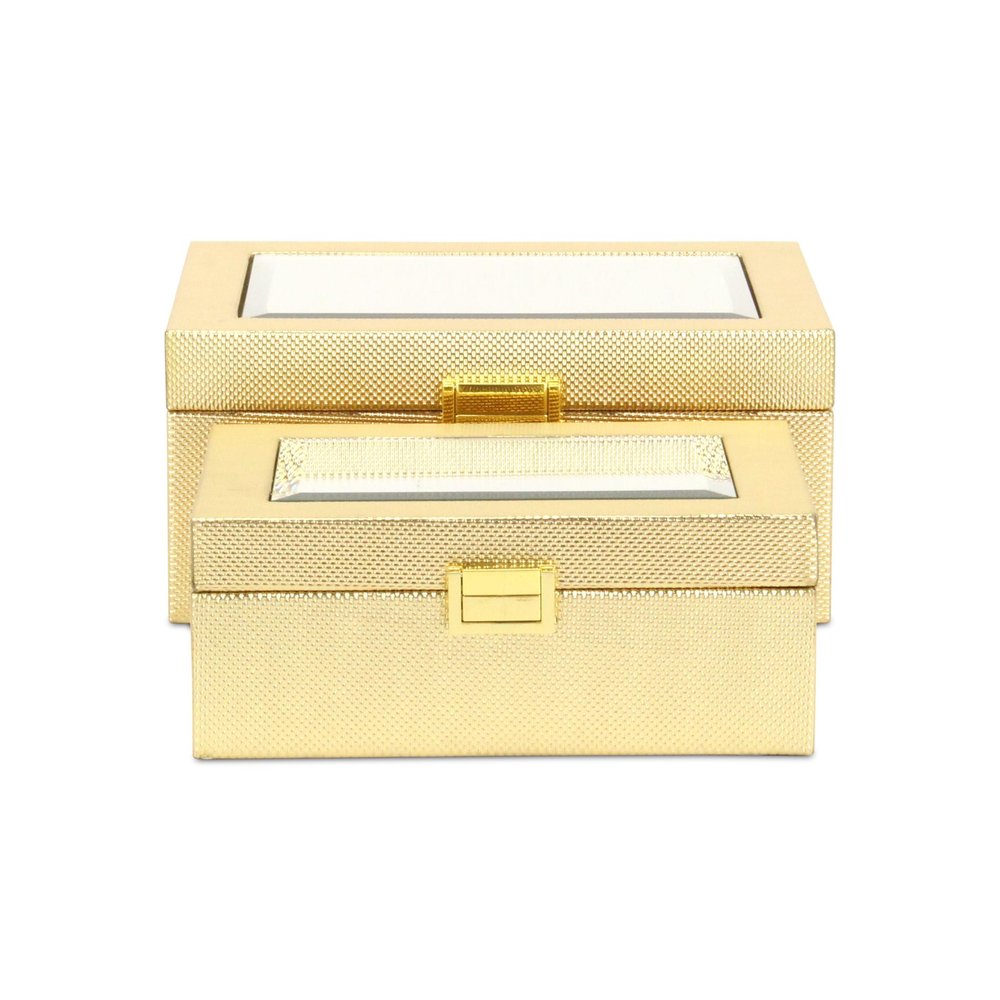 Set Of Two Gold Faux Leather And Mirrored Glass Jewelry Boxes HomeRoots