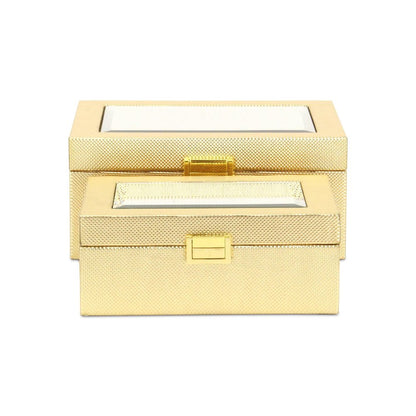 Set Of Two Gold Faux Leather And Mirrored Glass Jewelry Boxes HomeRoots