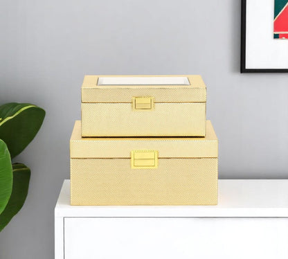 Set Of Two Gold Faux Leather And Mirrored Glass Jewelry Boxes HomeRoots