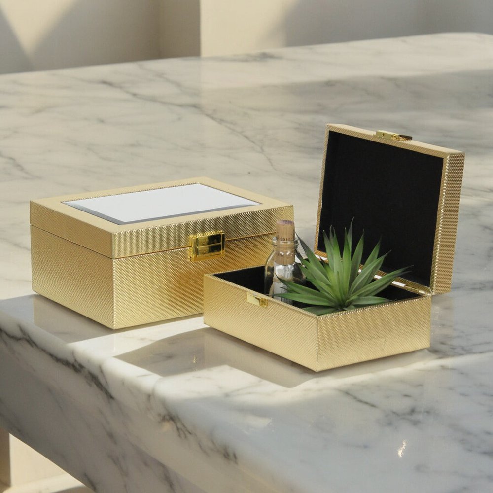 Set Of Two Gold Faux Leather And Mirrored Glass Jewelry Boxes HomeRoots