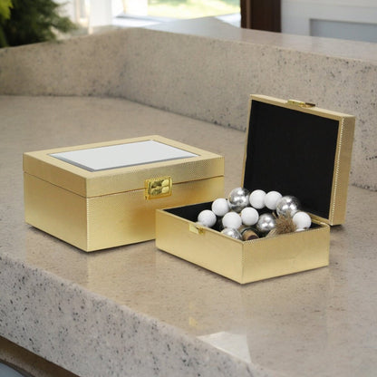 Set Of Two Gold Faux Leather And Mirrored Glass Jewelry Boxes HomeRoots