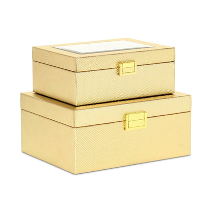 Set Of Two Gold Faux Leather And Mirrored Glass Jewelry Boxes HomeRoots