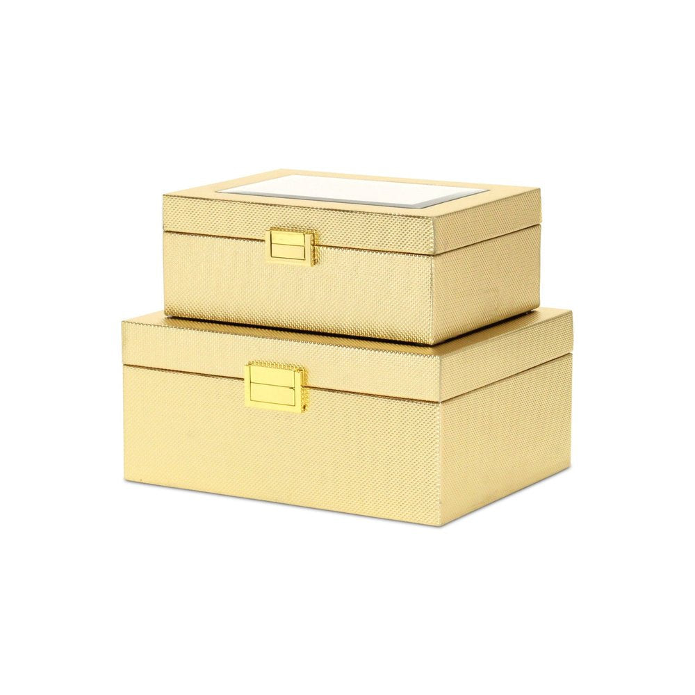 Set Of Two Gold Faux Leather And Mirrored Glass Jewelry Boxes HomeRoots