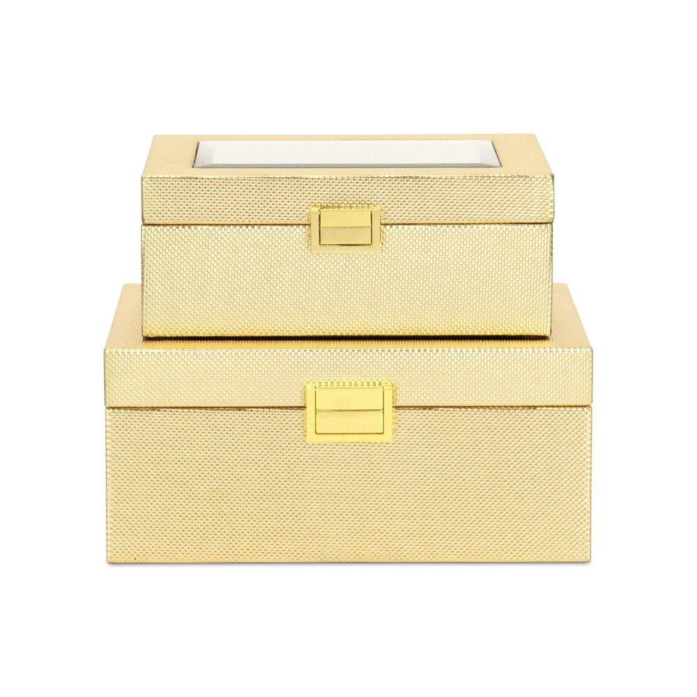 Set Of Two Gold Faux Leather And Mirrored Glass Jewelry Boxes HomeRoots