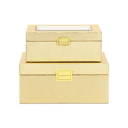 Set Of Two Gold Faux Leather And Mirrored Glass Jewelry Boxes HomeRoots
