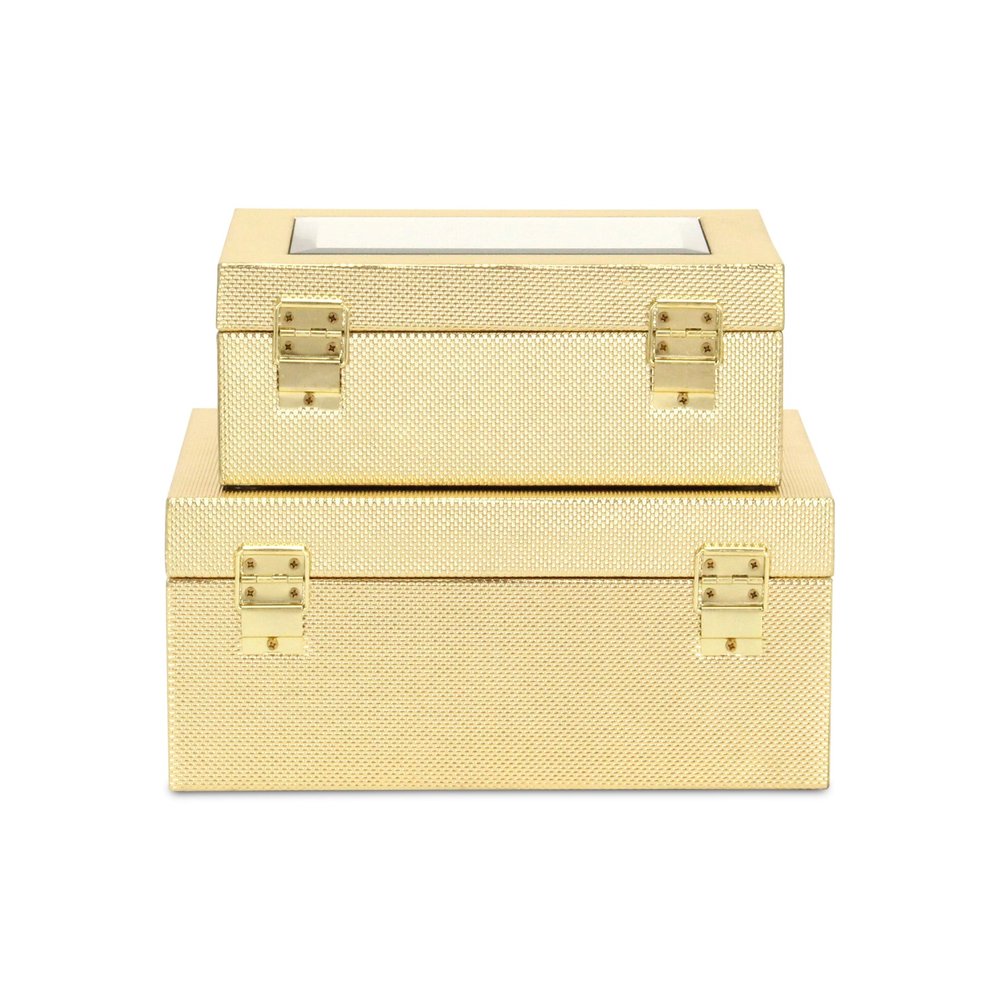 Set Of Two Gold Faux Leather And Mirrored Glass Jewelry Boxes HomeRoots