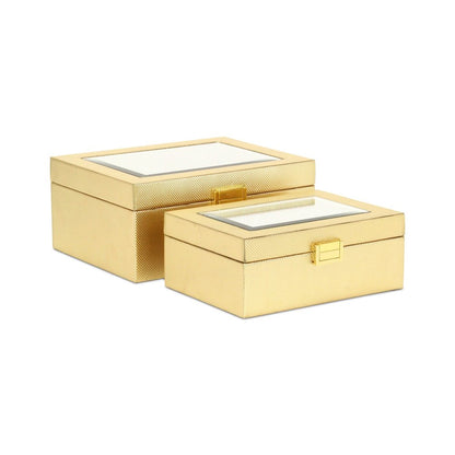Set Of Two Gold Faux Leather And Mirrored Glass Jewelry Boxes HomeRoots