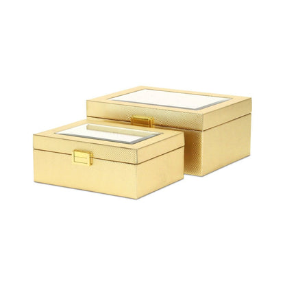 Set Of Two Gold Faux Leather And Mirrored Glass Jewelry Boxes HomeRoots