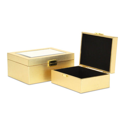 Set Of Two Gold Faux Leather And Mirrored Glass Jewelry Boxes HomeRoots