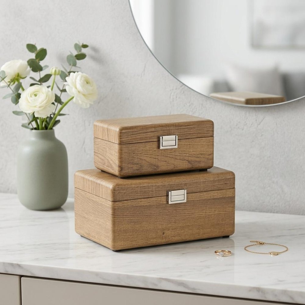 Set Of Two Brown Solid Wood Jewelry Boxes HomeRoots