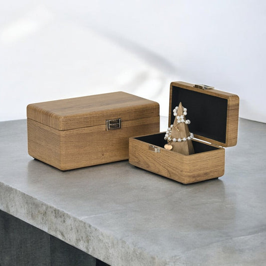 Set Of Two Brown Solid Wood Jewelry Boxes