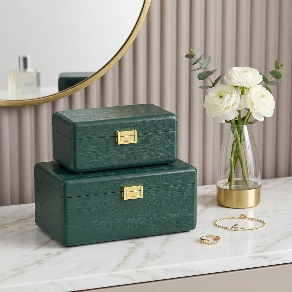 Set Of Two Green Solid Wood Jewelry Boxes HomeRoots