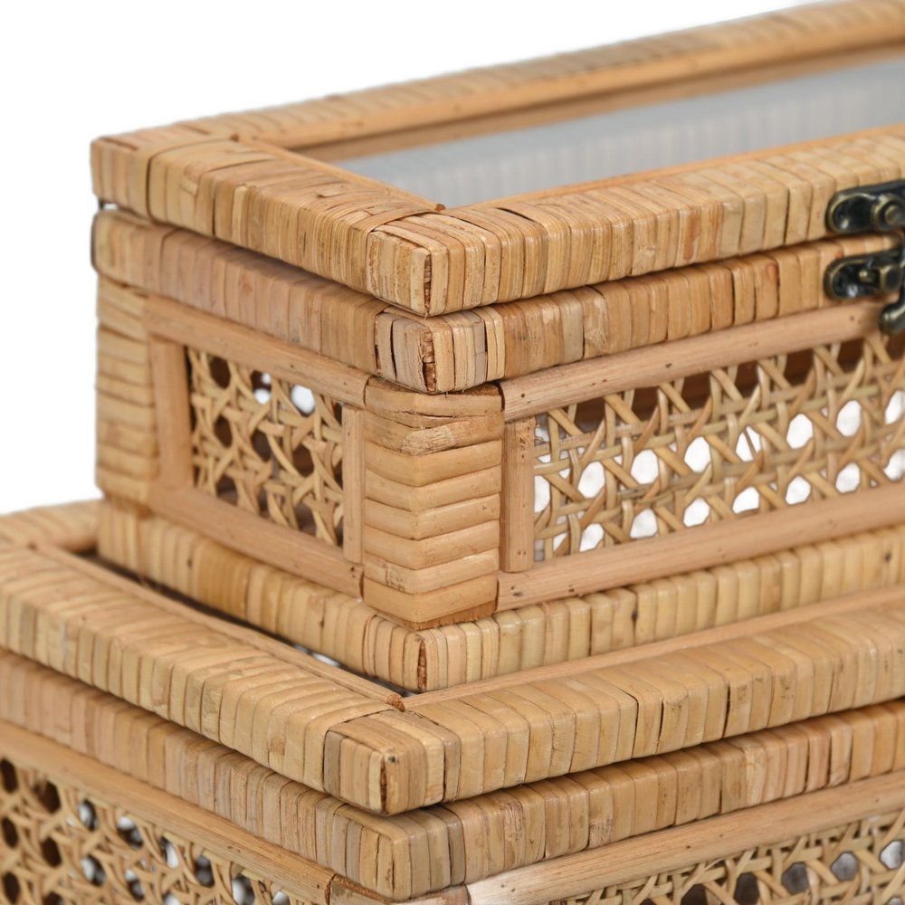 Set Of Two Natural Wood Rattan And Glass  Jewelry Boxes HomeRoots