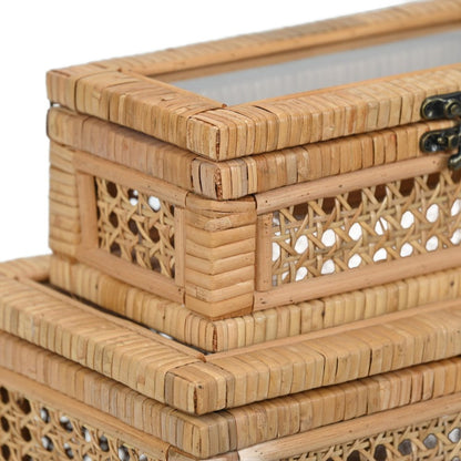 Set Of Two Natural Wood Rattan And Glass  Jewelry Boxes HomeRoots