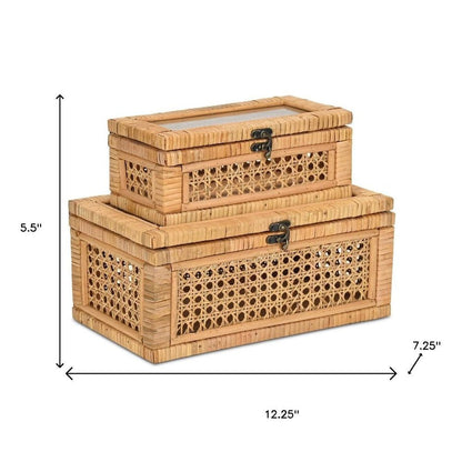 Set Of Two Natural Wood Rattan And Glass  Jewelry Boxes HomeRoots