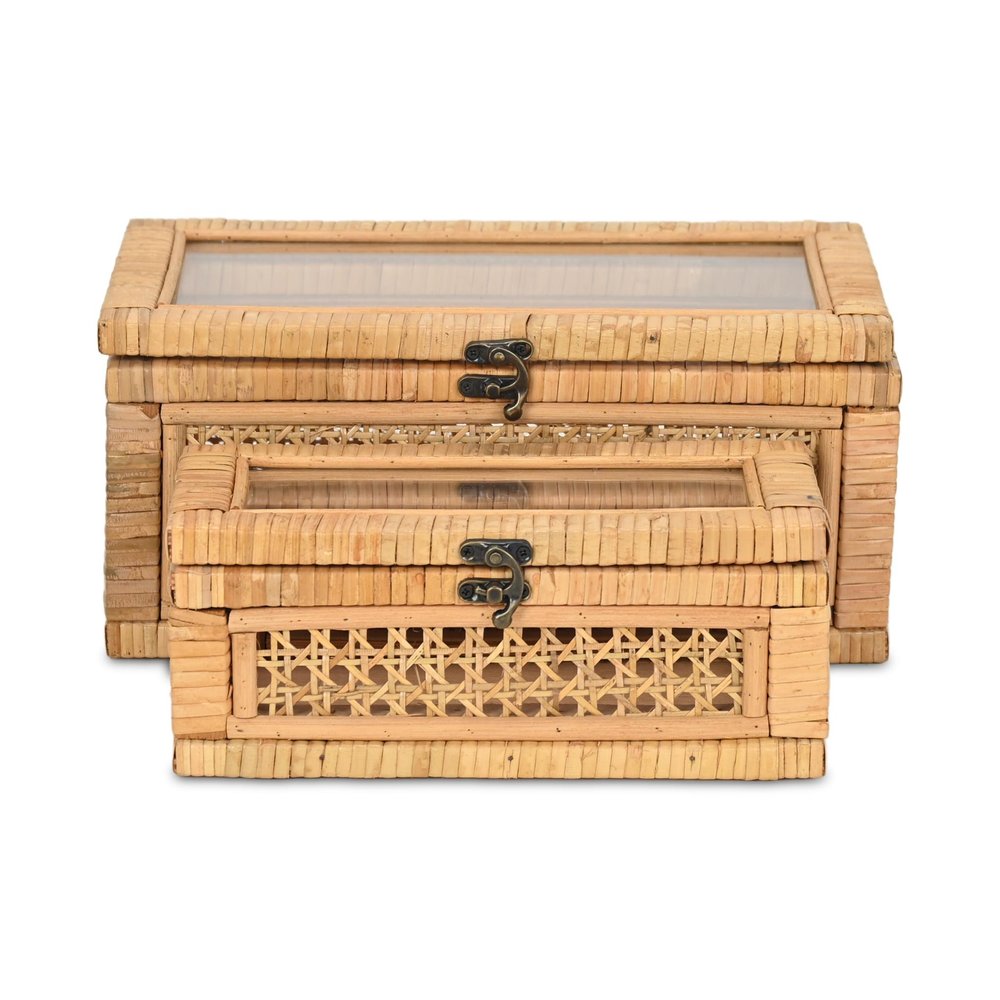 Set Of Two Natural Wood Rattan And Glass  Jewelry Boxes HomeRoots