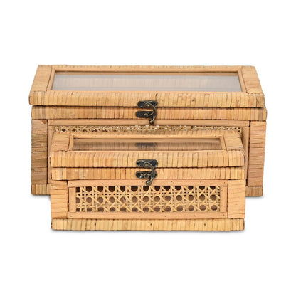 Set Of Two Natural Wood Rattan And Glass  Jewelry Boxes HomeRoots