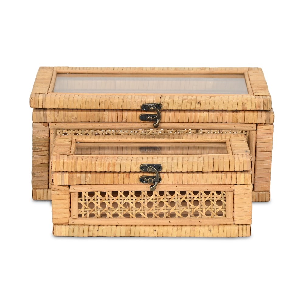 Set Of Two Natural Wood Rattan And Glass  Jewelry Boxes HomeRoots