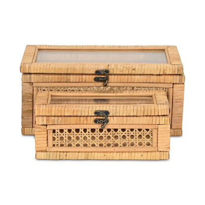 Set Of Two Natural Wood Rattan And Glass  Jewelry Boxes HomeRoots