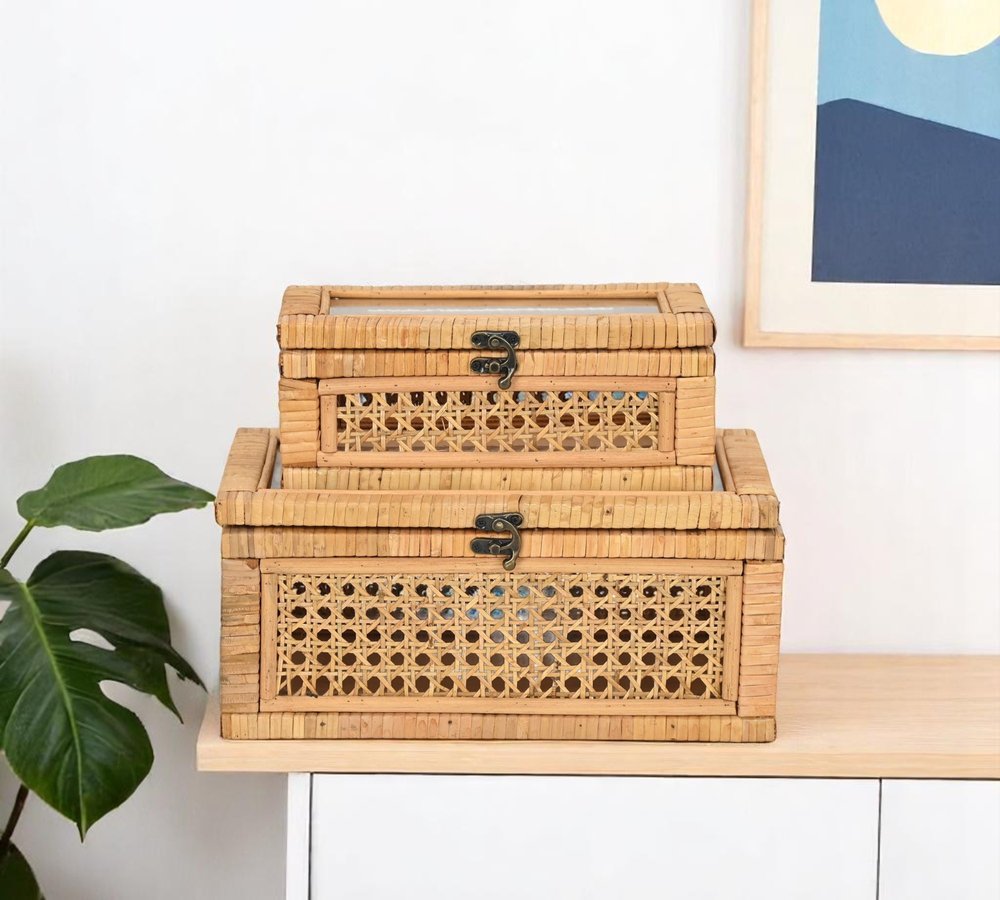 Set Of Two Natural Wood Rattan And Glass  Jewelry Boxes HomeRoots