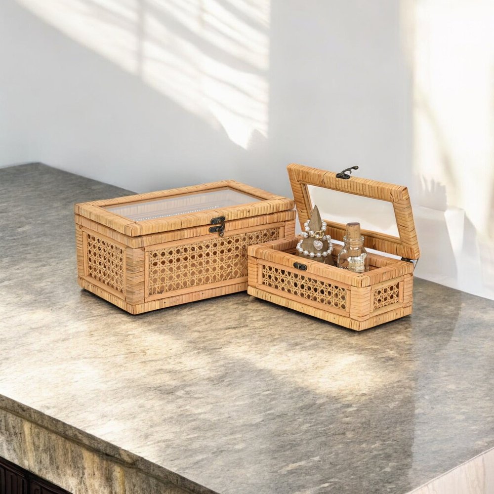 Set Of Two Natural Wood Rattan And Glass  Jewelry Boxes HomeRoots