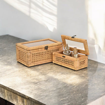 Set Of Two Natural Wood Rattan And Glass  Jewelry Boxes HomeRoots