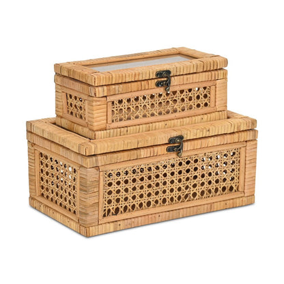 Set Of Two Natural Wood Rattan And Glass  Jewelry Boxes HomeRoots