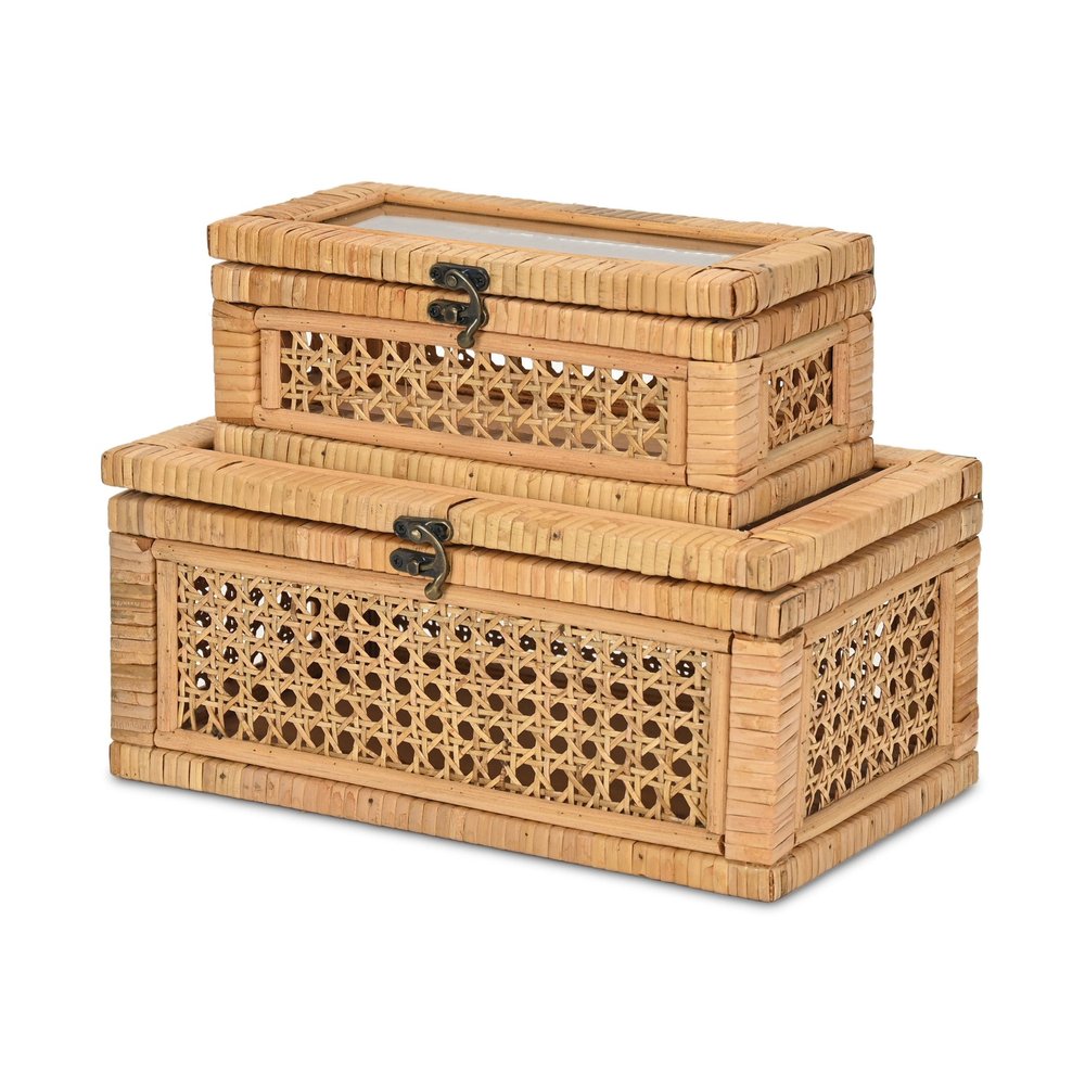Set Of Two Natural Wood Rattan And Glass  Jewelry Boxes HomeRoots