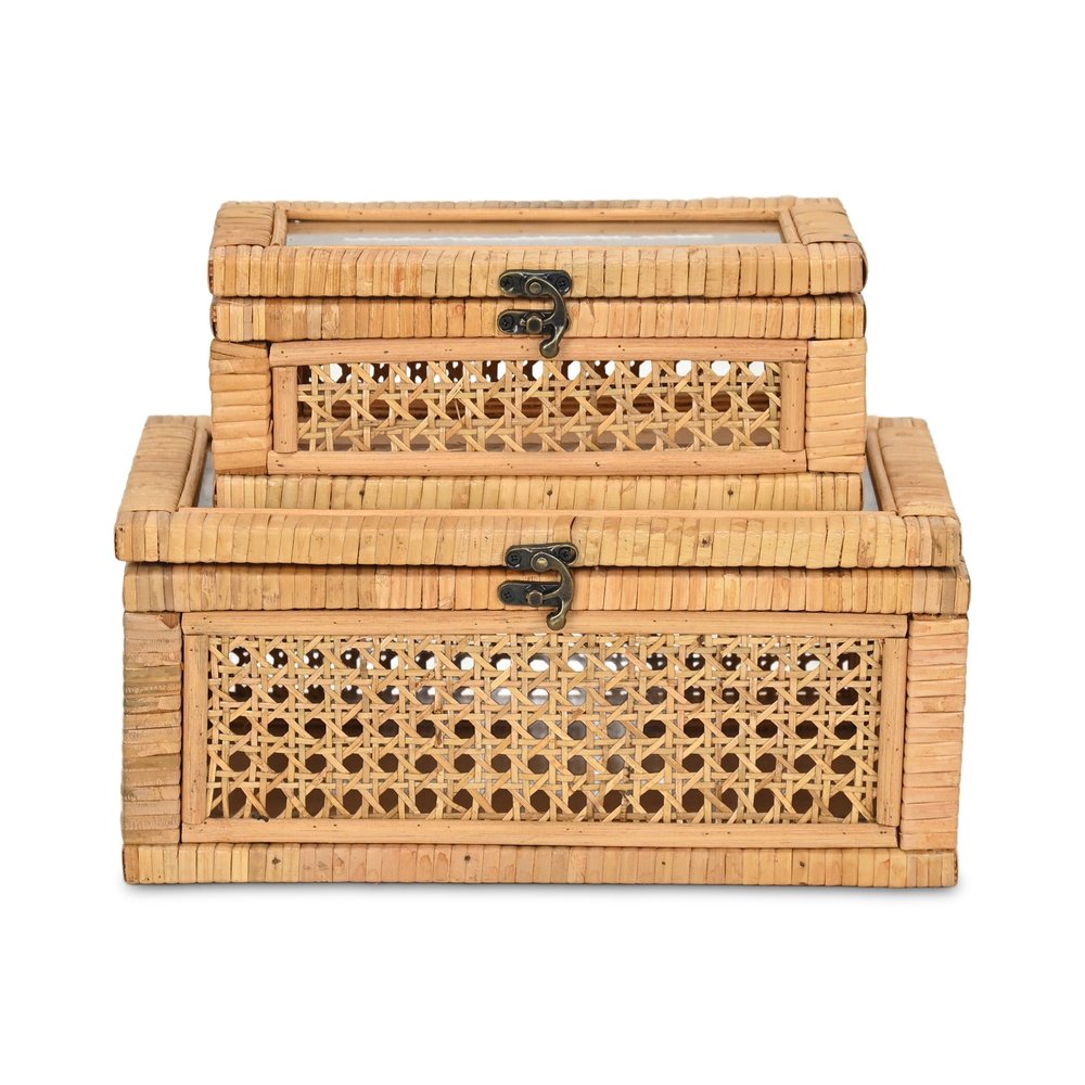 Set Of Two Natural Wood Rattan And Glass  Jewelry Boxes HomeRoots