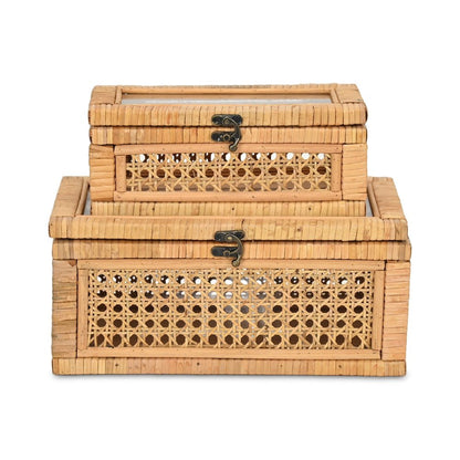Set Of Two Natural Wood Rattan And Glass  Jewelry Boxes HomeRoots