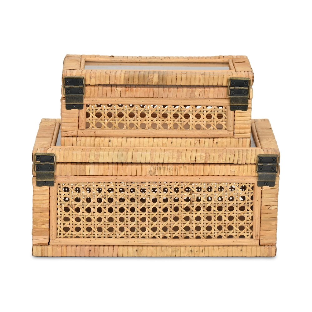 Set Of Two Natural Wood Rattan And Glass  Jewelry Boxes HomeRoots