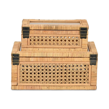 Set Of Two Natural Wood Rattan And Glass  Jewelry Boxes HomeRoots