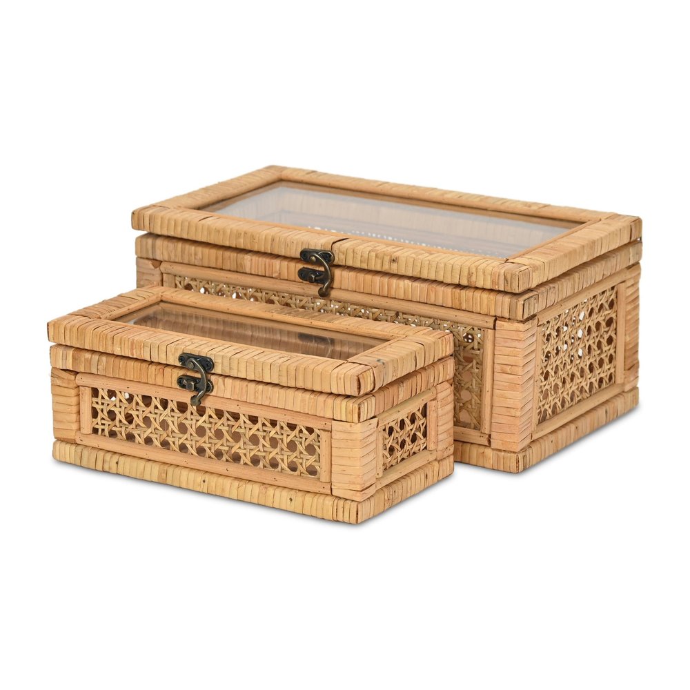 Set Of Two Natural Wood Rattan And Glass  Jewelry Boxes HomeRoots