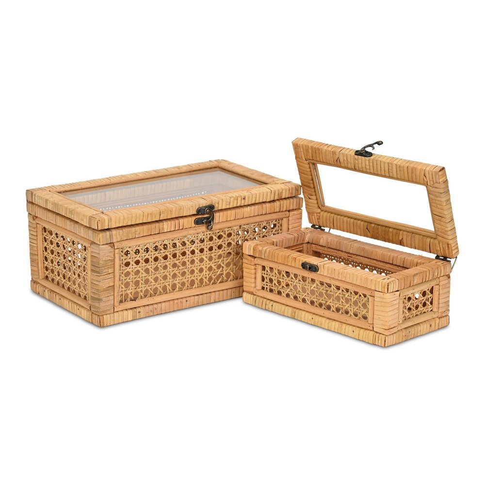 Set Of Two Natural Wood Rattan And Glass  Jewelry Boxes HomeRoots